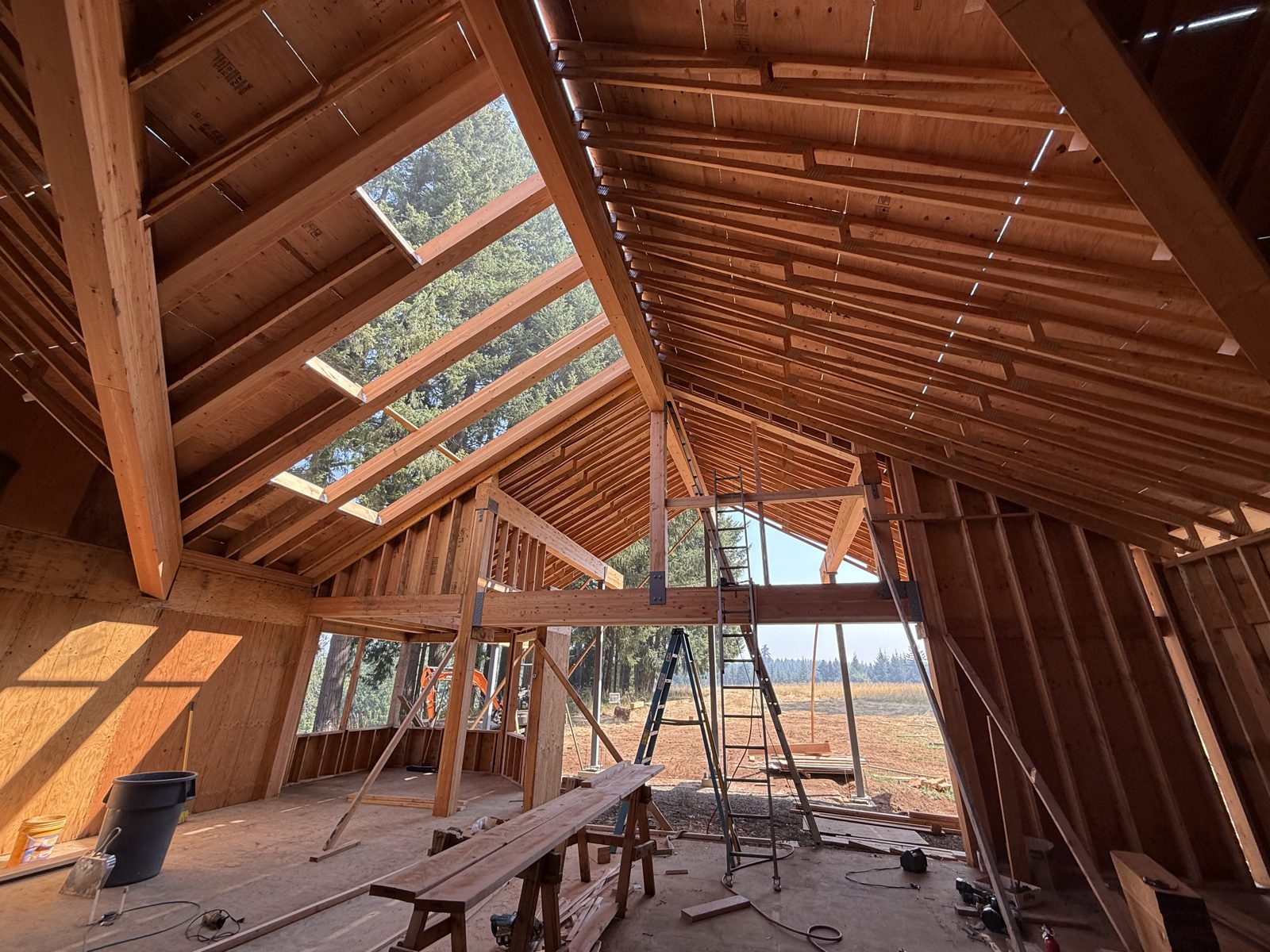 3,000 sq ft home addition — vaulted roof framing with exposed timber, Portland metro area